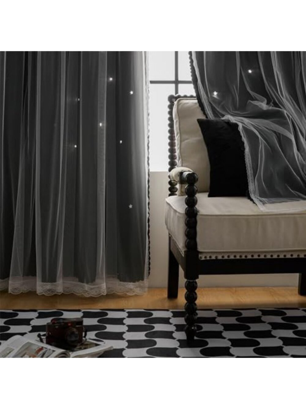 Blackout Curtains 84” Long - 2 Panel Set, Double Layer Star Cut Out Drapes for - Picture 7 of 7